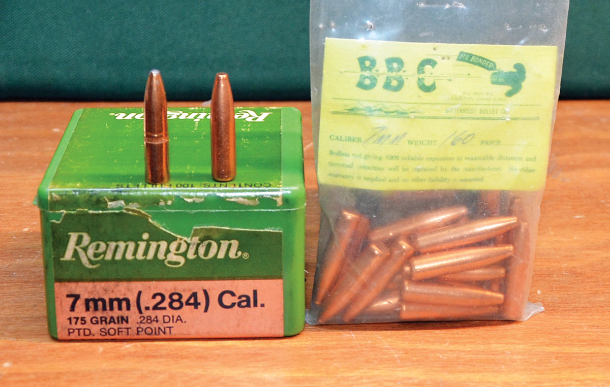 The owner of the rifle in 285 O.K.H. was an avid elk hunter who had been handloading for a Remington Model 700 in 7mm Remington Magnum since the two were introduced in 1962. He stocked up on his favorite bullets while they were available and decided to use them in the 284 O.K.H. as well. Bullets are the Remington 175-grain PSP (left) and the Bitterroot 160-grain Bonded Core (right).